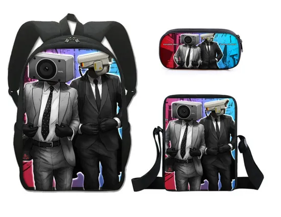 Skifidi Toilet Man Mock Book Bag for Primary and Secondary School Students Shoulder Bag Pen Bag Backpack Three Piece Set