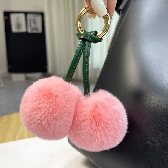 New Style Fashion Bag Charms Keychain Wholesale Cheap Keyrings Cherry Shaped Faux Fur POM POM Keychains
