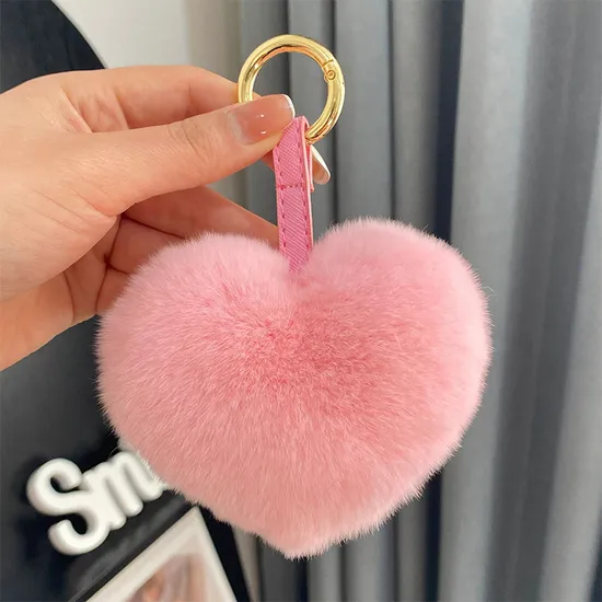 Promotion Gift Fluffy Real Natural Rex Rabbit Fur Keychain POM Poms Girl′s Bag Pendant Car Key Ring
