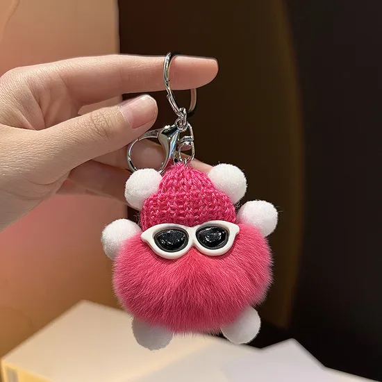 Custom 8cm Spectacled Cartoon Plush Doll Car Key Bag Pendant Key Rings Cool Sunglass Multi-Coal Ball Plush Keychain Puff Ball