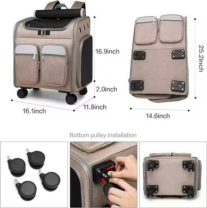 Airline Approved Telescopic Zipper Mesh Breathable Walking Handle Cat Dog Pet Carrier with Wheels Pet Suitcase