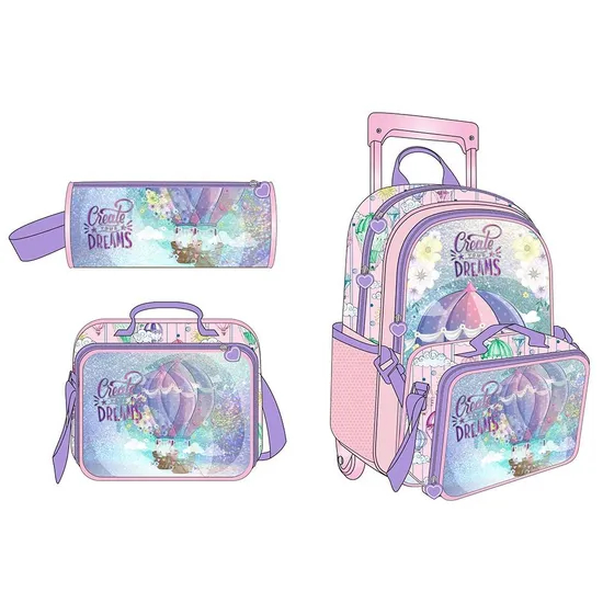 Wholesale Children′s School Bag with Lunch Bag and Pencil Case Custom 3 in 1 Kids School Trolley Backpack Set