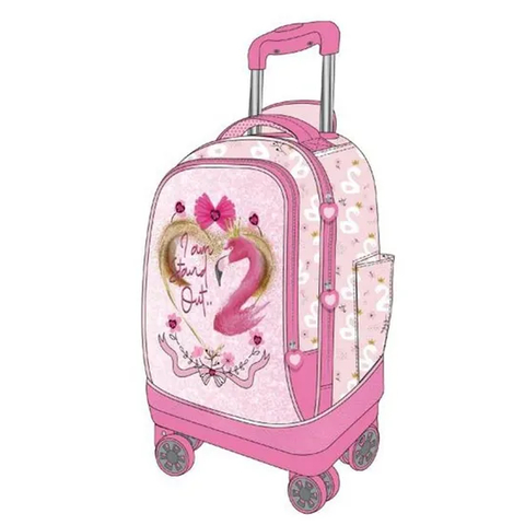 Large Capacity 19′′ 300d Polyester Flamingo Pattern School Wheel Trolley Bag with Pencil Case Lunch Bag 4 Wheel Trolley Backpack