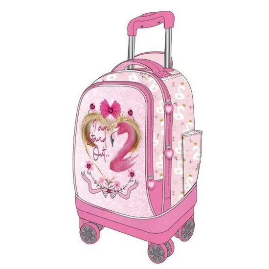 Large Capacity 19′′ 300d Polyester Flamingo Pattern School Wheel Trolley Bag with Pencil Case Lunch Bag 4 Wheel Trolley Backpack