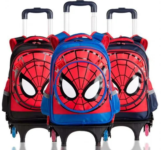 3D Print Superhero Trolley Backpack for Boys – Red Rolling School Bag with Cartoon Design