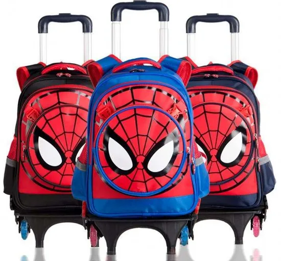 Cartoon Detachable Children Trolley School Bag with Three Wheel Spiderman Trolley Backpack