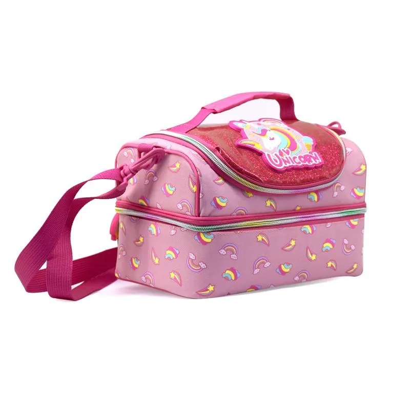 Custom Logo New Fancy Unicorn Rainbow Keep Food Warm Bags Cute Pink Lunch Bag School Portable Kids Cooler Bag with Pocket Strap