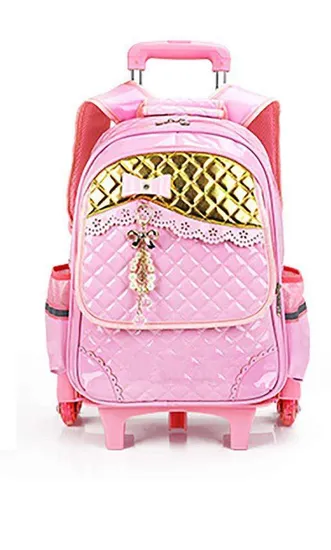 Rolling Kids Backpacks for Girls Trolley School Bag Handbag with Lunch Bag Pink