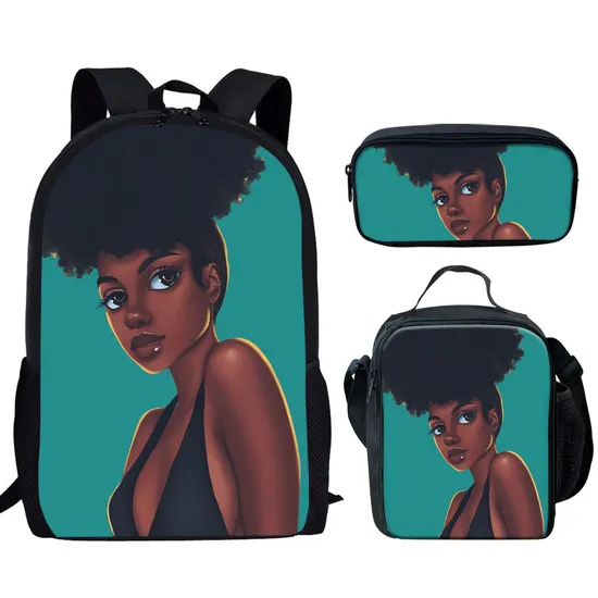 3PCS Black Art African American Girls Printing School Bags Set for Teenage Girls Bookbag Children Kids Schoolbags