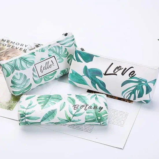 Fashion Office Stationery Bag Custom Leaves Pattern PU Leather Pencil Case