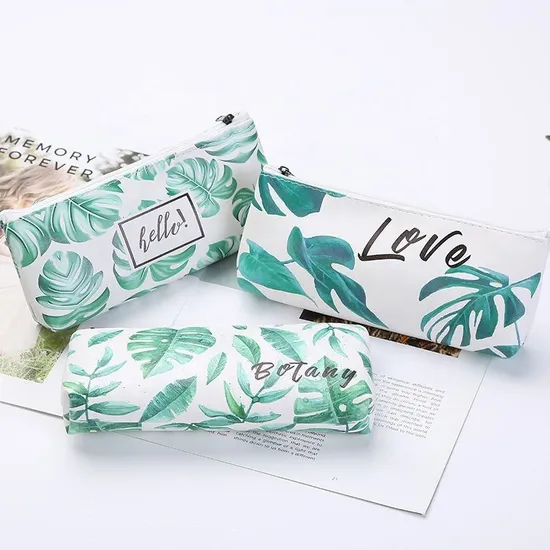 Fashion Office Stationery Bag Custom Leaves Pattern PU Leather Pencil Case