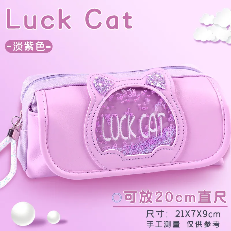 Kids Stationery Bag Cute Kawaii Cat Canvas PU Leather Pencil Case for Girls
