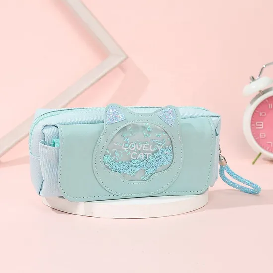 Kids Stationery Bag Cute Kawaii Cat Canvas PU Leather Pencil Case for Girls
