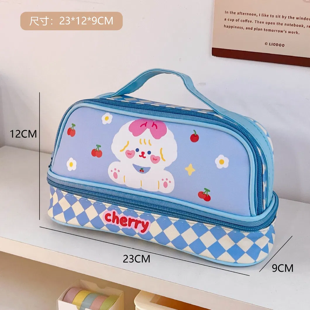 Kawaii Cartoon Stationery Bag Double Layer Large Capacity Leather Pencil Case