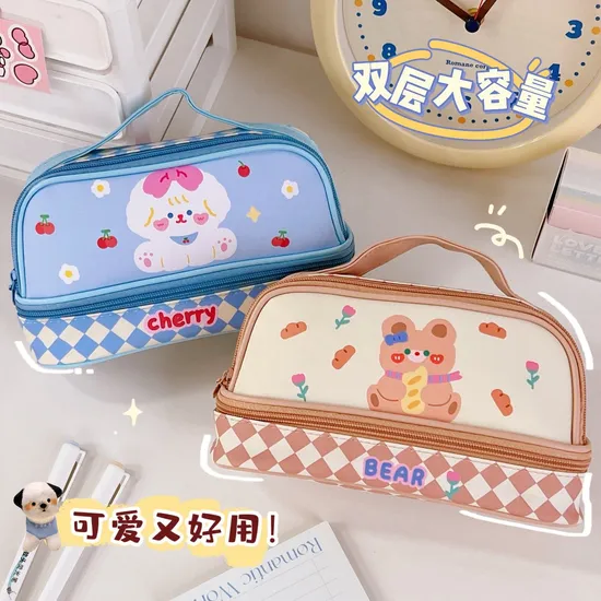 Kawaii Cartoon Stationery Bag Double Layer Large Capacity Leather Pencil Case