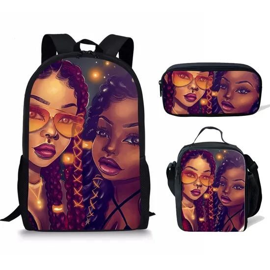 Girls Backpack for School Black Art African Girls Design Bagpack Children 3PCS/Set Schoolbag Bookbag