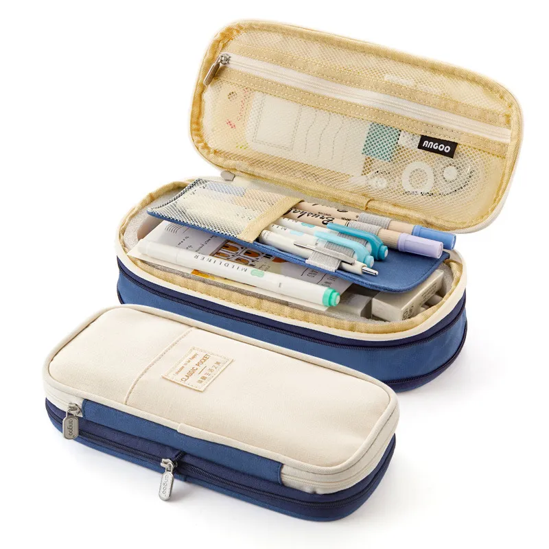 New Arrival Foldable Big Capacity Canvas Zipper Pencil Pouch Case Bag Stationery Organizers Compartments Cosmetic Makeup Bags