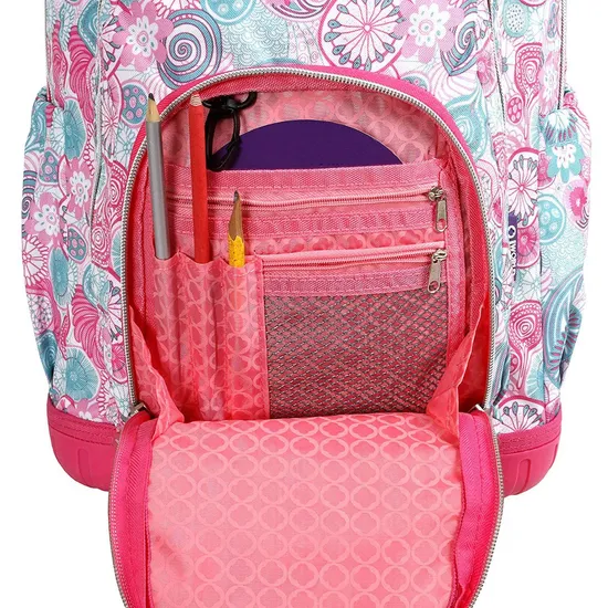 New Trolley School Bags Set with Lunch Box, Large Capacity School Bags Kids Backpack for Girl 600d Polyester Flower Legend