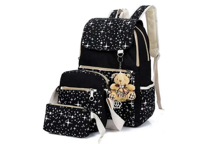 3PCS Casual Star Print Canvas Top Name Brand Kids School Bag Set