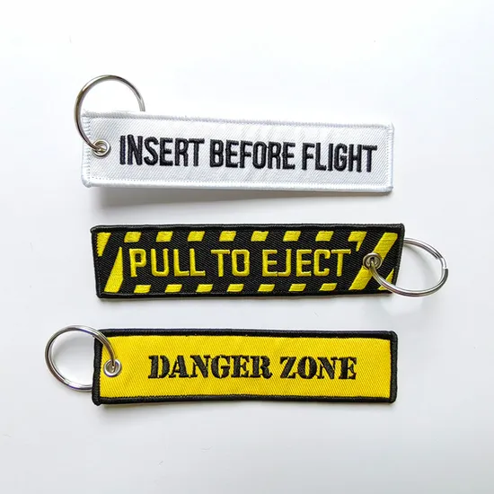 High Quality Custom Woven Fabric Embroidery Key Jet Tag Patch Keychain Key Ring Jet Tag