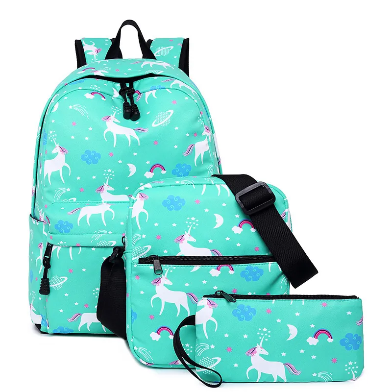 High School Female Unicorn Children&prime;s Backpack Customized Crossbody Bag Pen Bag Three Piece Set
