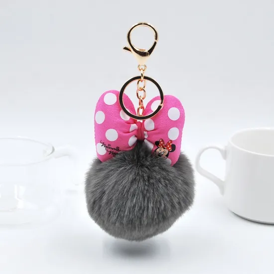 Pink Puff Keychain POM Mickey Head Keychain Pompom Tassel Keychain Pink