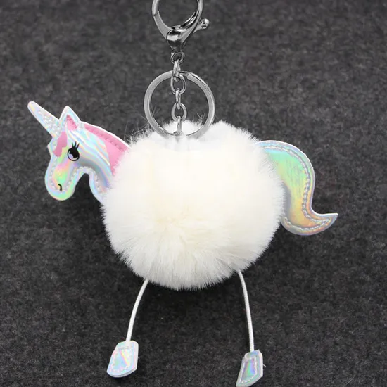 Cartoon Unicorn PU Leather Pompom Key Accessories Ladies′ Fur Ball Key Ring Unicorns Handbag Hang