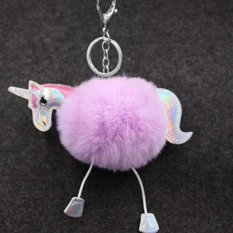 Cartoon Unicorn PU Leather Pompom Key Accessories Ladies&prime; Fur Ball Key Ring Unicorns Handbag Hang