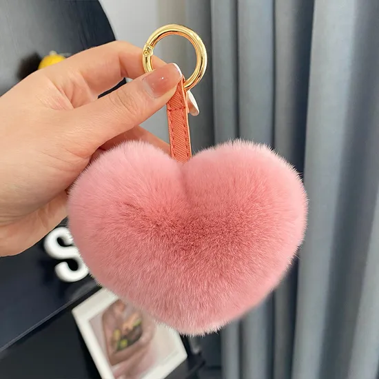 Promotion Gift Fluffy Real Natural Rex Rabbit Fur Keychain POM Poms Girl′s Bag Pendant Car Key Ring