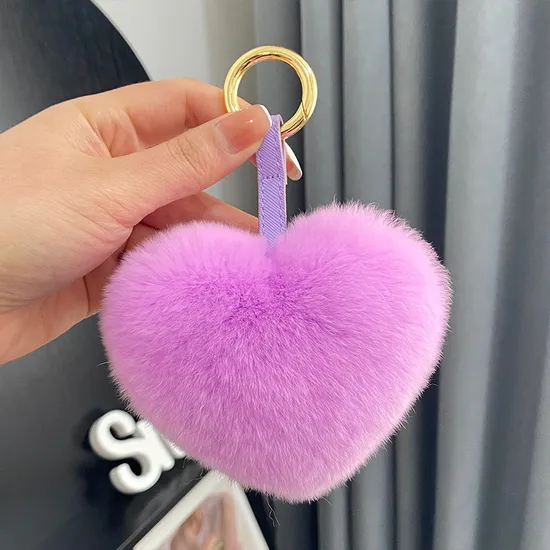 Factory Wholesale All Kinds of Color Real Rex Rabbit Fur Heart Pendant Keychain