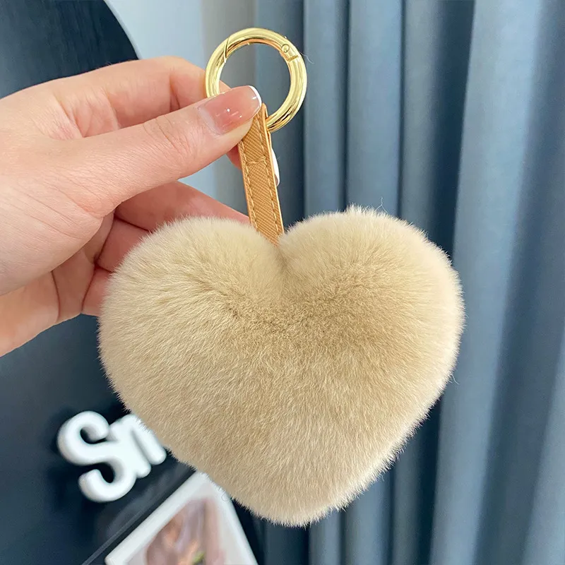 Real Rabbit Fur Ball Keychains Colors Heart Shape Promotional 10cm Bulk POM POM Rabbit Fur Ball Keychain