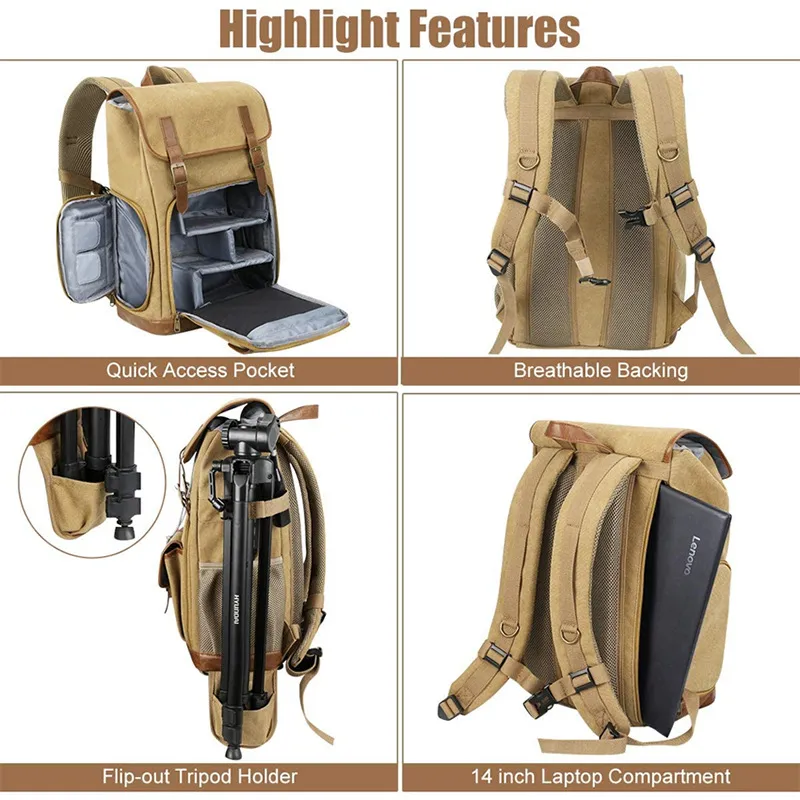 Customized Retro Fashion Waxed Canvas Backpack Outdoor Large Capacity Waterproof SLR Camera Photography Bag