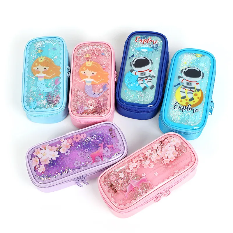 Flowing Sand Pencil Bag Students Pencil Bag Large Capacity Pen Box Cute Cartoon Pencil Pouch