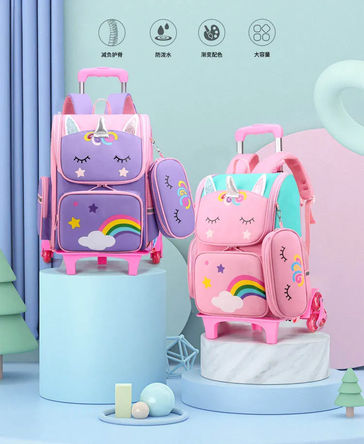 High Quality Backpack Unicorn Children&prime;s School Bags Children Backpack Convenient Travel Removeable Trolley Bag for Girls