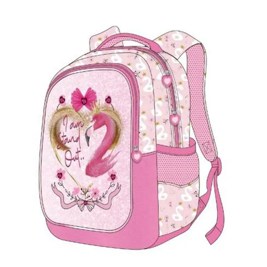 Large Capacity 19′′ 300d Polyester Flamingo Pattern School Wheel Trolley Bag with Pencil Case Lunch Bag 4 Wheel Trolley Backpack