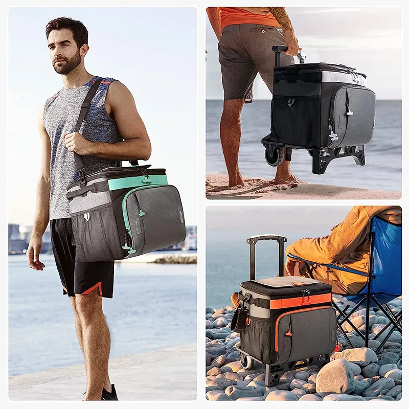 Customized Cooler Trolley Bag with Wheels Portable Camping Insulated Collapsible Wheels Rolling Bag
