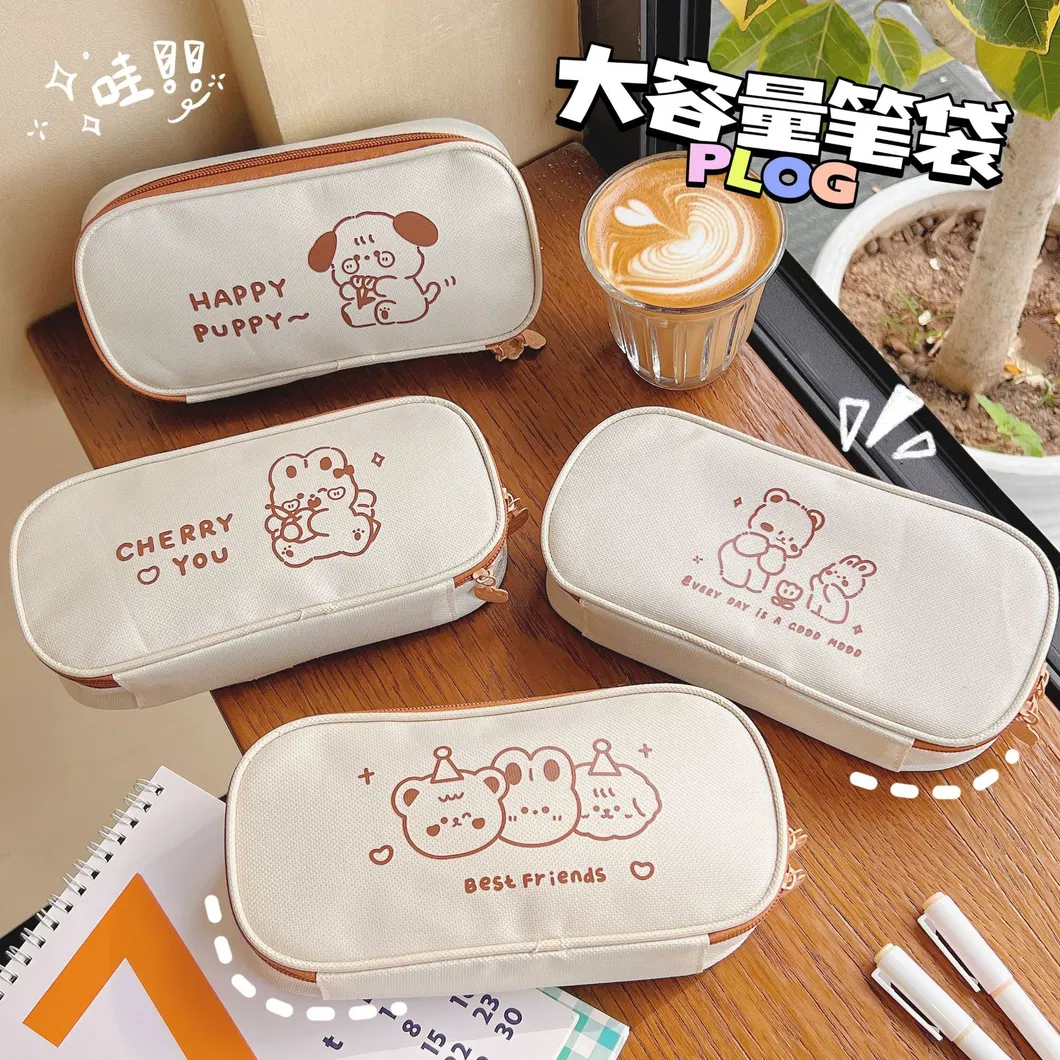 Cartoon Kawaii Bear School Stationery Bag Big Canvas Cute Pencil Case for Kids