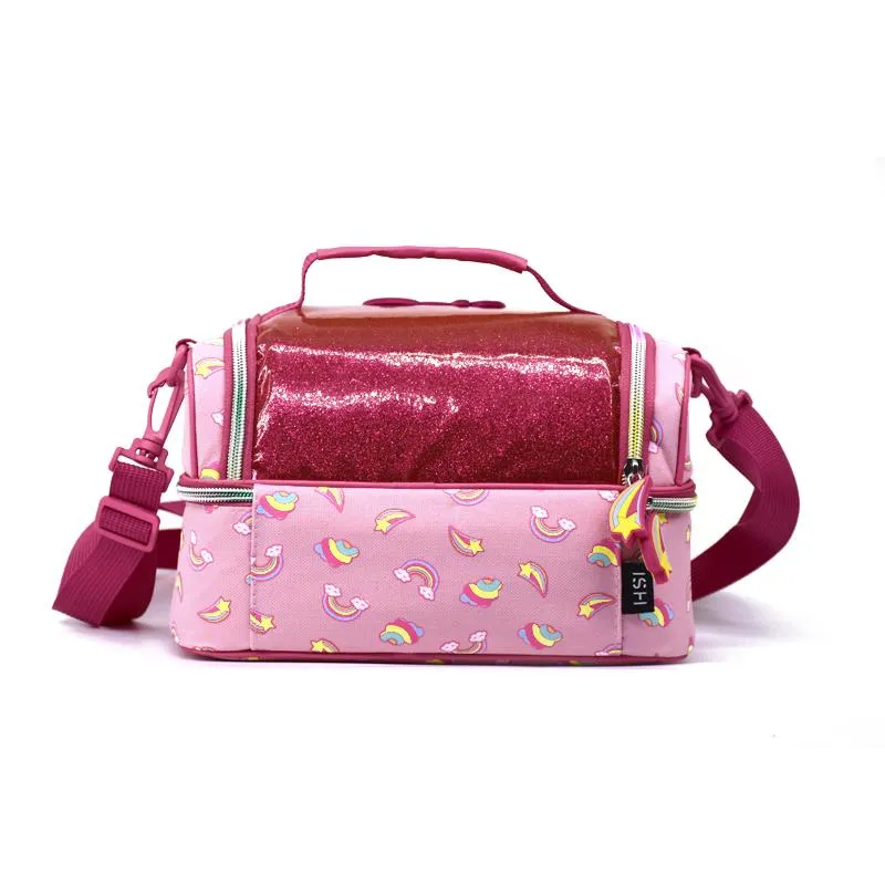Custom Logo New Fancy Unicorn Rainbow Keep Food Warm Bags Cute Pink Lunch Bag School Portable Kids Cooler Bag with Pocket Strap