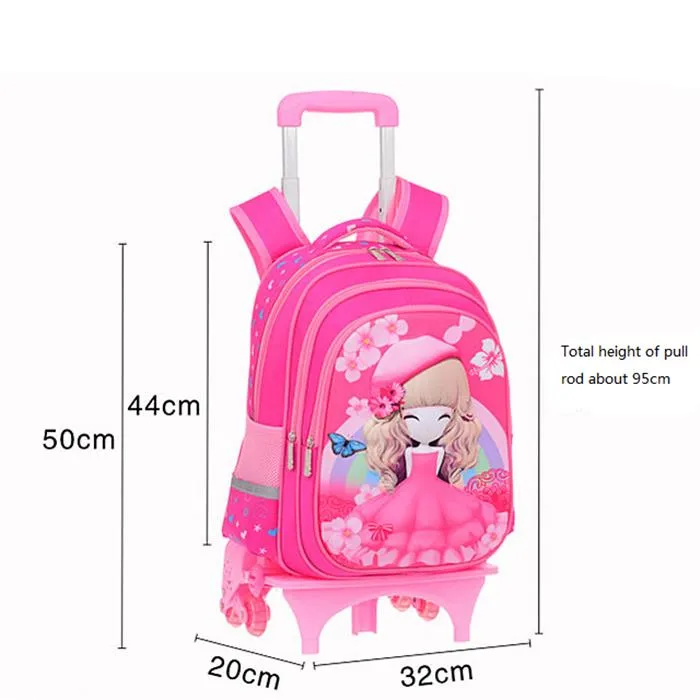 Cartoon Detachable Children Girl Trolley School Backpack Bag with Three Wheel