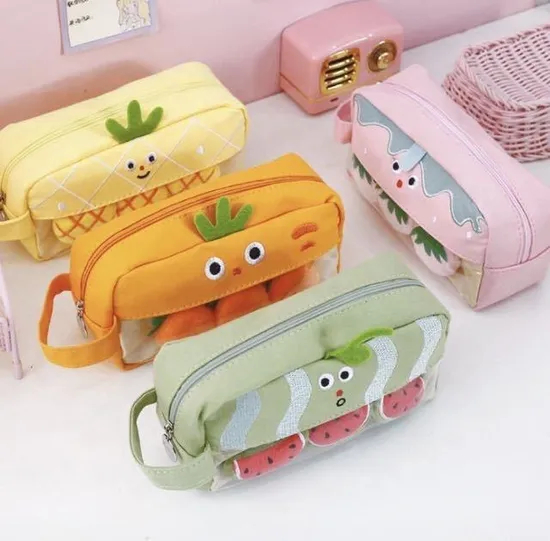 School Stationery Supply Cartoon Fruit Design Large Kawaii Pencil Case for Kids