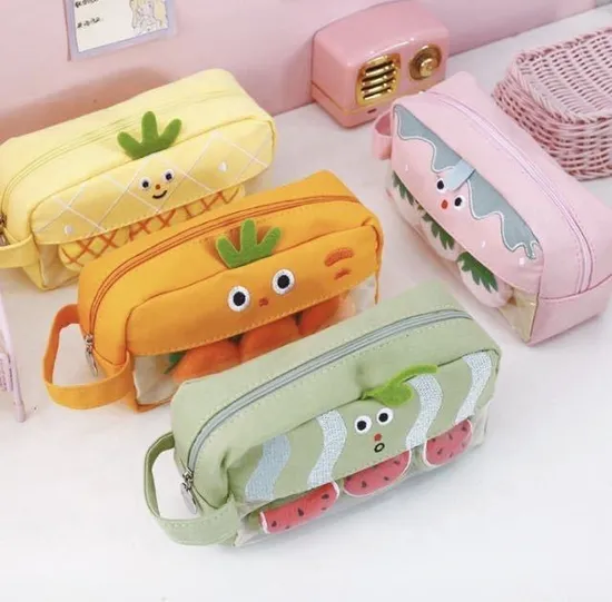 School Stationery Supply Cartoon Fruit Design Large Kawaii Pencil Case for Kids