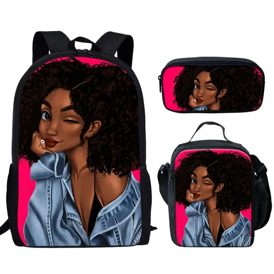 3PCS Black Art African American Girls Printing School Bags Set for Teenage Girls Bookbag Children Kids Schoolbags