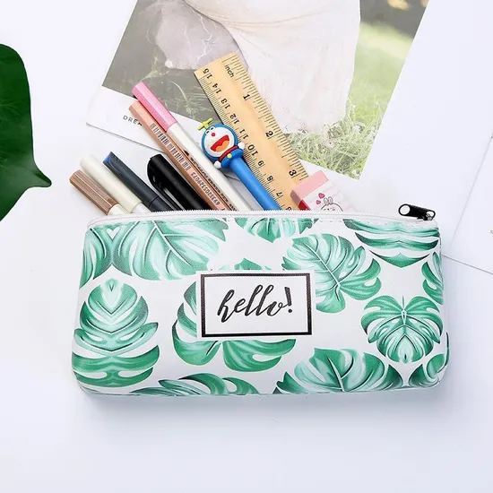 Fashion Office Stationery Bag Custom Leaves Pattern PU Leather Pencil Case