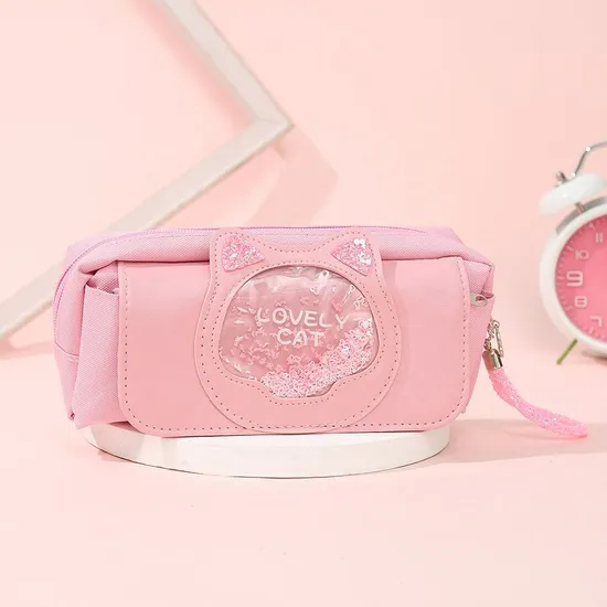 Kids Stationery Bag Cute Kawaii Cat Canvas PU Leather Pencil Case for Girls