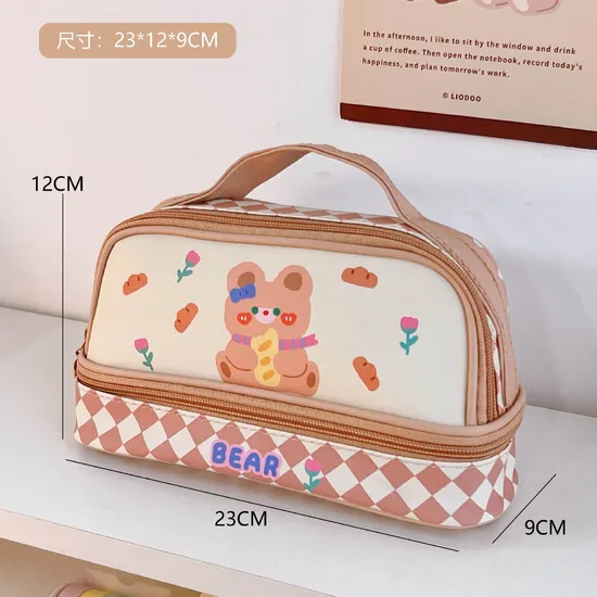 Kawaii Cartoon Stationery Bag Double Layer Large Capacity Leather Pencil Case