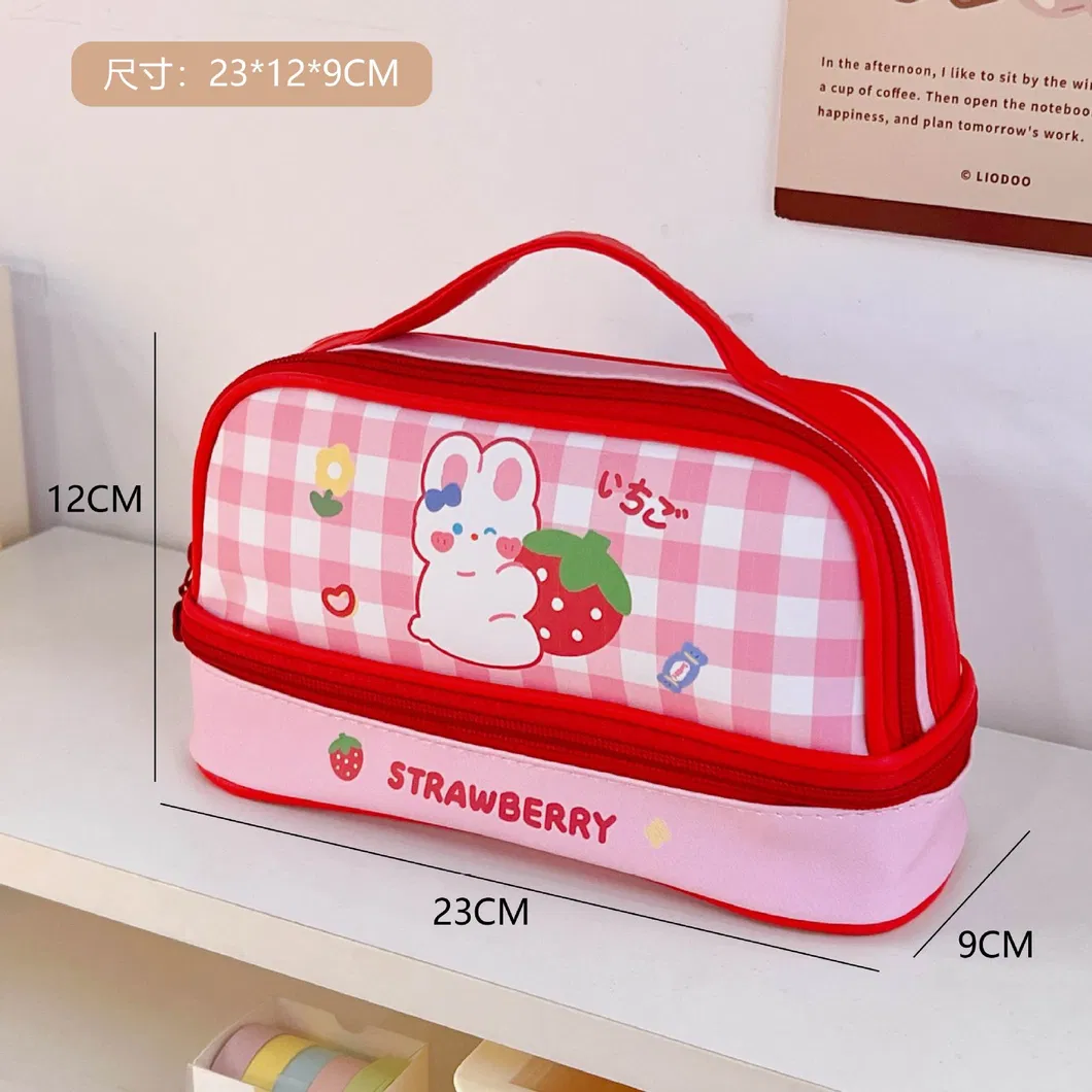Kawaii Cartoon Stationery Bag Double Layer Large Capacity Leather Pencil Case