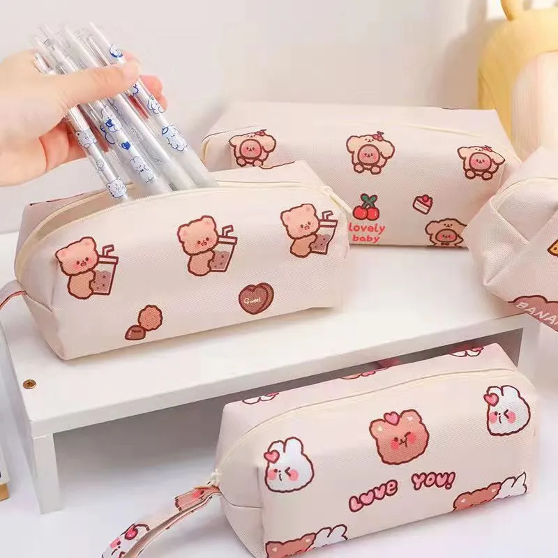School Large Capacity Cute Cartoon Bear Zipper Pencil Case Canvas for Children