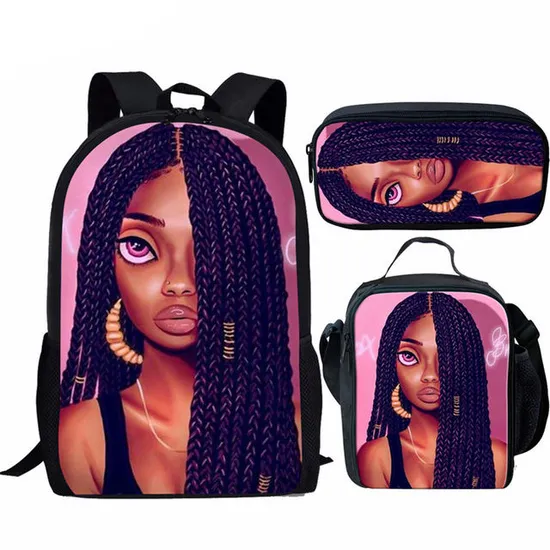 Girls Backpack for School Black Art African Girls Design Bagpack Children 3PCS/Set Schoolbag Bookbag