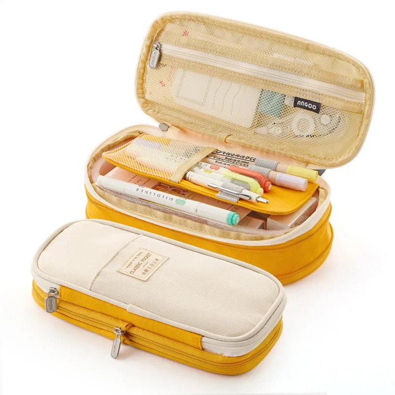 New Arrival Foldable Big Capacity Canvas Zipper Pencil Pouch Case Bag Stationery Organizers Compartments Cosmetic Makeup Bags