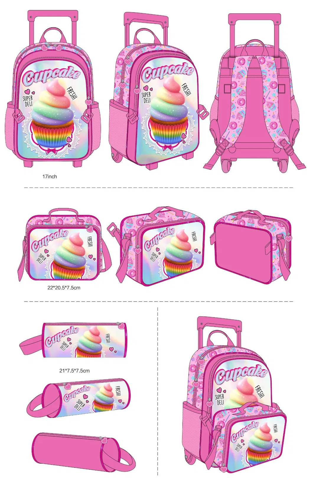 Wholesale 3PCS Customizable Bags with Logo School Girls Backpack Set Student Trolley School Bags Set